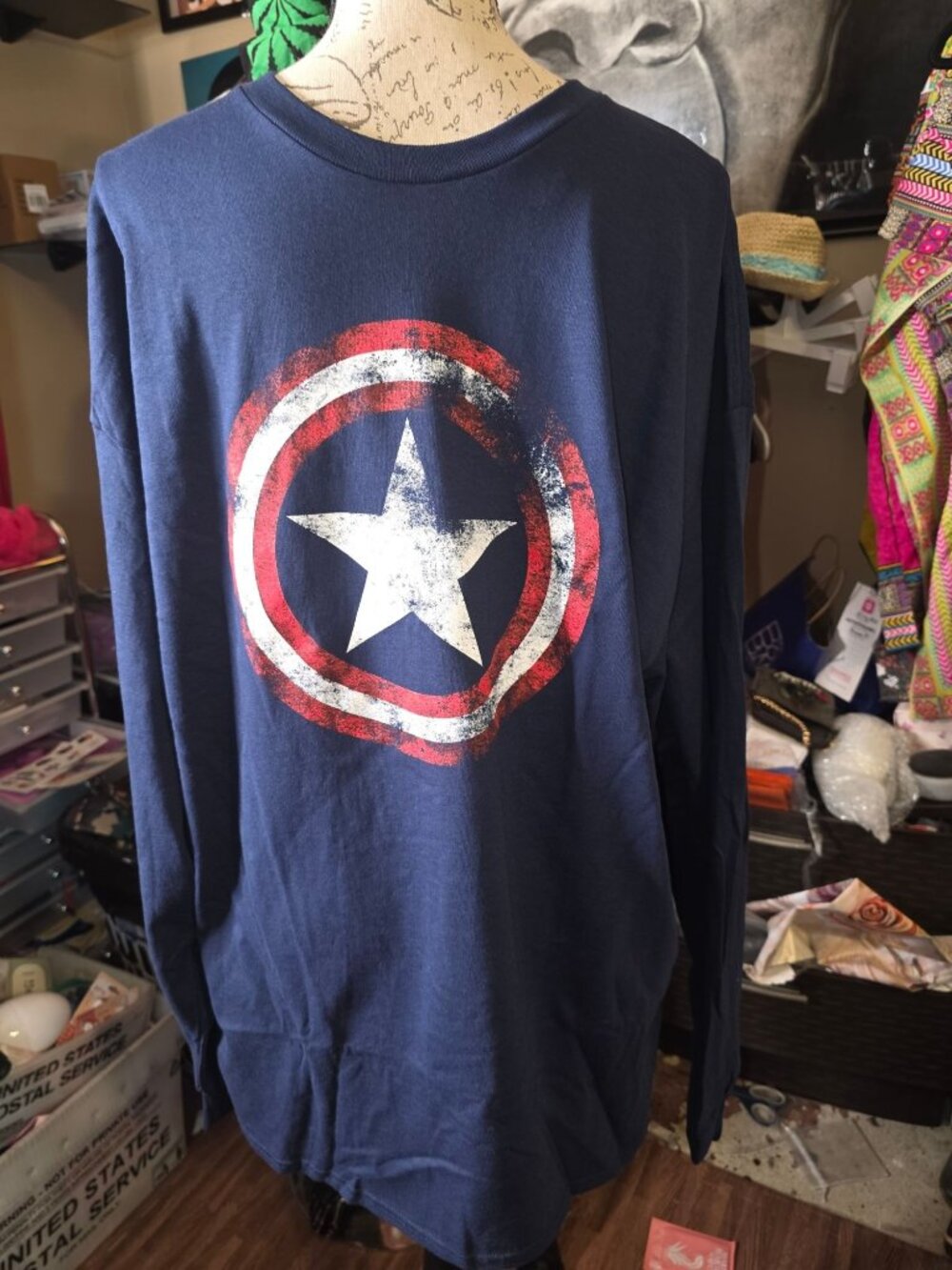 Marvel Avengers Captain America Long Sleeve Graphic T-Shirt Navy Blue 2XL 100% C